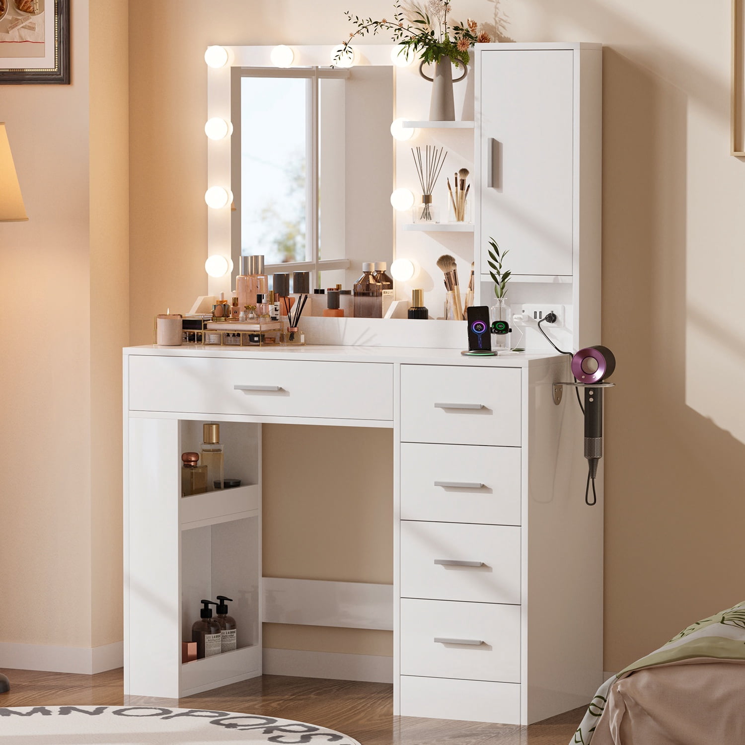 WACASA Vanity Desk with Mirror and Lights, Makeup Vanity with 5 Drawers & Power Strip, White Vanity with Storage Shelves, Adjustable Brightness Dressing Table for Bedroom