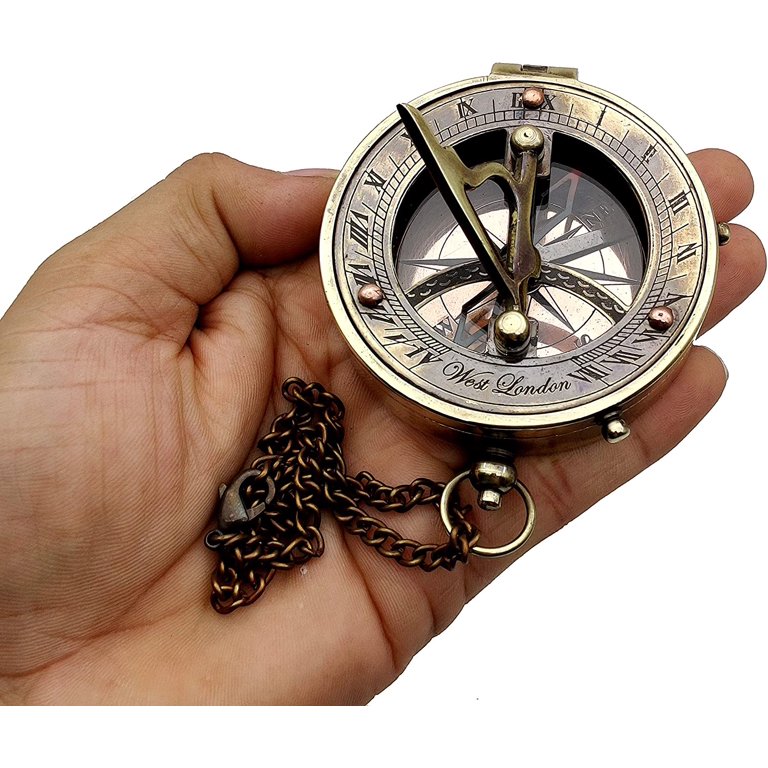 DECORATIVE BRASS SUNDIAL COMPASS IN ANTIQUE FINISH WITH FOLDING MAGNIFING  GLASS