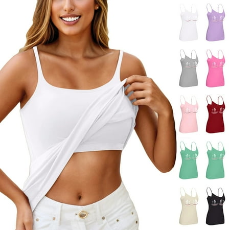TQWQT Tank Tops with Built In Bras Shelf Bra Camisoles Adjustable Spaghetti Strap Shelf Bras Workout Basic Cami Undershirts White XL