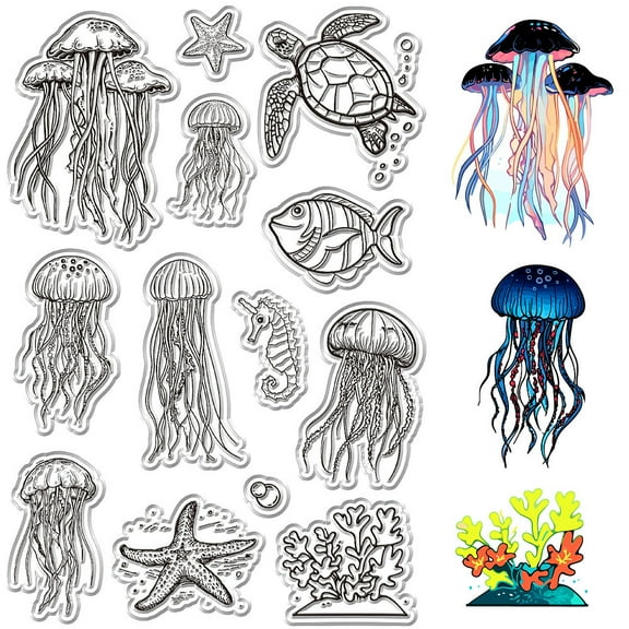 1 Sheet Plastic Stamps for DIY Scrapbooking Photo Album Decorative Cards Making Stamp Sheets Jellyfish 160x110mm