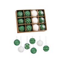 16 Pc Christmas Ball Bauble Sequin Snow Flower Finish Ball Ornament Christmas Indoor Outdoor Hanging Decoration Holiday Party Wedding Halloween Thanksgiving Valentine's Day Decor