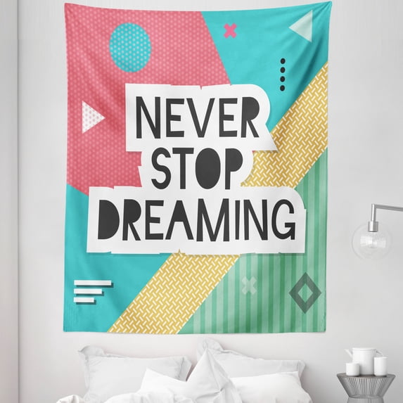 Dream Tapestry, Popular Words Lettering on a Hipster Funky Retro Background with Geometric Elements, Fabric Wall Hanging Decor for Bedroom Living Room Dorm, 5 Sizes, Multicolor, by Ambesonne