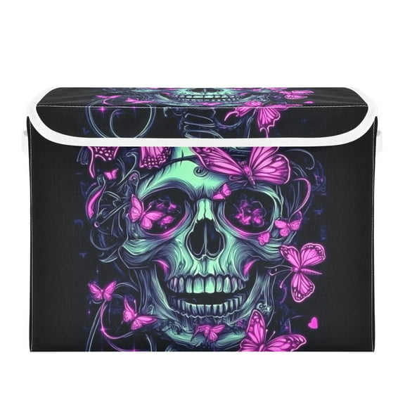 Purple Skull Butterfly Large Storage Bins with Linen Collapsible Lid Storage Box 16.7 x 12.6 x 11.8in