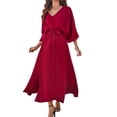 thumbnail image 2 of Women'S Satin Batwing Sleeve Cocktail Evening A Line Long Dress V Neck Ruched Loose Maxi Dress Wine Red L, 2 of 9