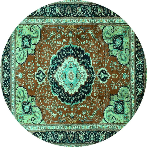 Ahgly Company Indoor Round Medallion Turquoise Blue Traditional Area Rugs, 3' Round