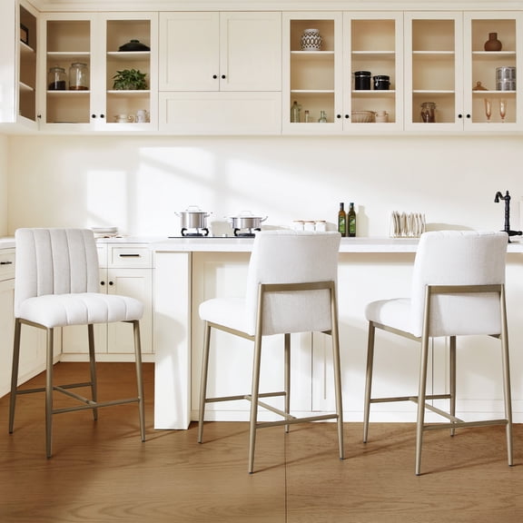 Comfortable Bar Stools Set of 3, 26” Thick Upholstered Counter Height Bar Stools with Backs, Linen Counter Stools with Metal Legs for Kitchen Island, Beige