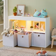 Pinmoco 5-Cube Reversible Open LED Kids Toy Storage Organizer with Three Fabric Drawers for Playroom Storage, White