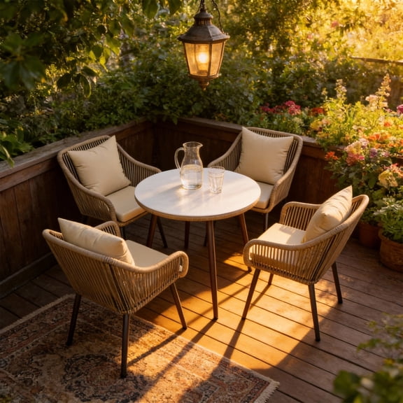 KIOOTTO 5-Piece Outdoor Patio Dining Set with 8" Thick Cushions, Twisted Wicker Dining Set with Umbrella Hole Table, Beige