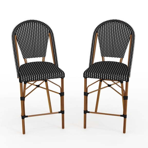 Martha Stewart Set of 2 Indoor-Outdoor Stackable Bistro Counter Stools with Natural Woodgrain Aluminum Finish Frame, Black/White Woven Rattan Back/Seat