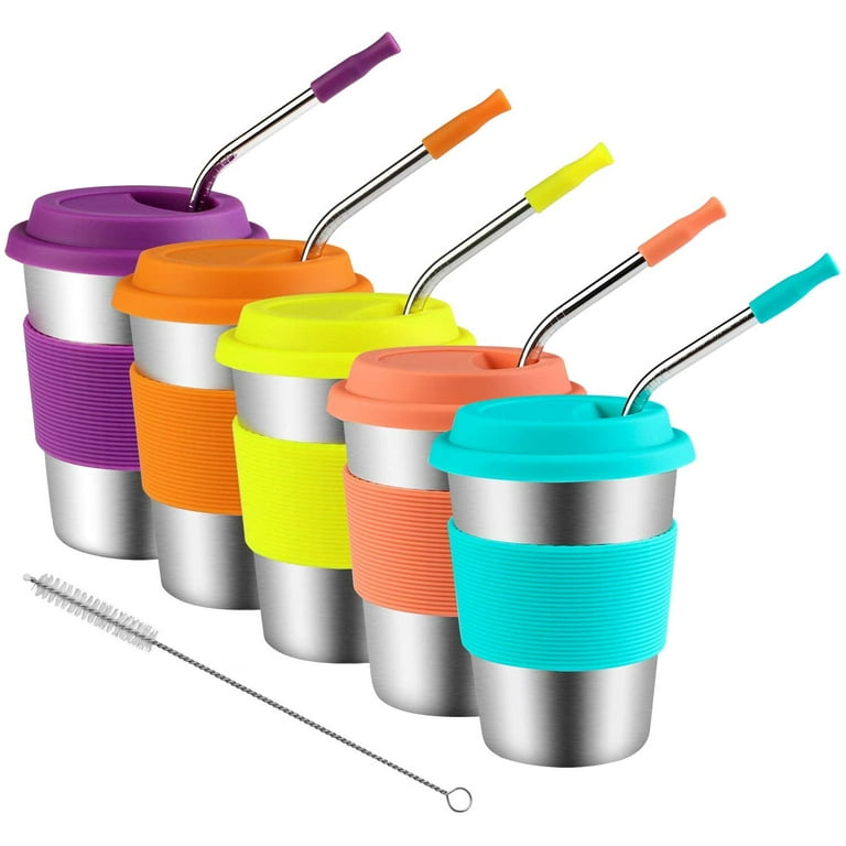 Kids Stainless Steel Cups With Silicone Lids & Straws, Kereda 5 Pack 12 oz.  Drinking Tumblers Eco-Friendly BPA-Free for Adults, Children and Toddlers 