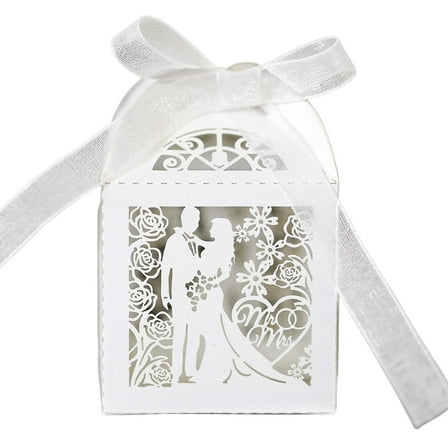 50PCS White Hollow Wedding Candy Boxes with Ribbon – Elegant Paper Gift Boxes for Chocolates, Cookies, Bridal Showers & Party Decorations