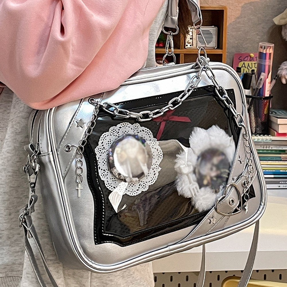 Hzzsbu Y2K Ita Bag with Display Window, Star & Heart Crossbody Purse with Metal Chain
