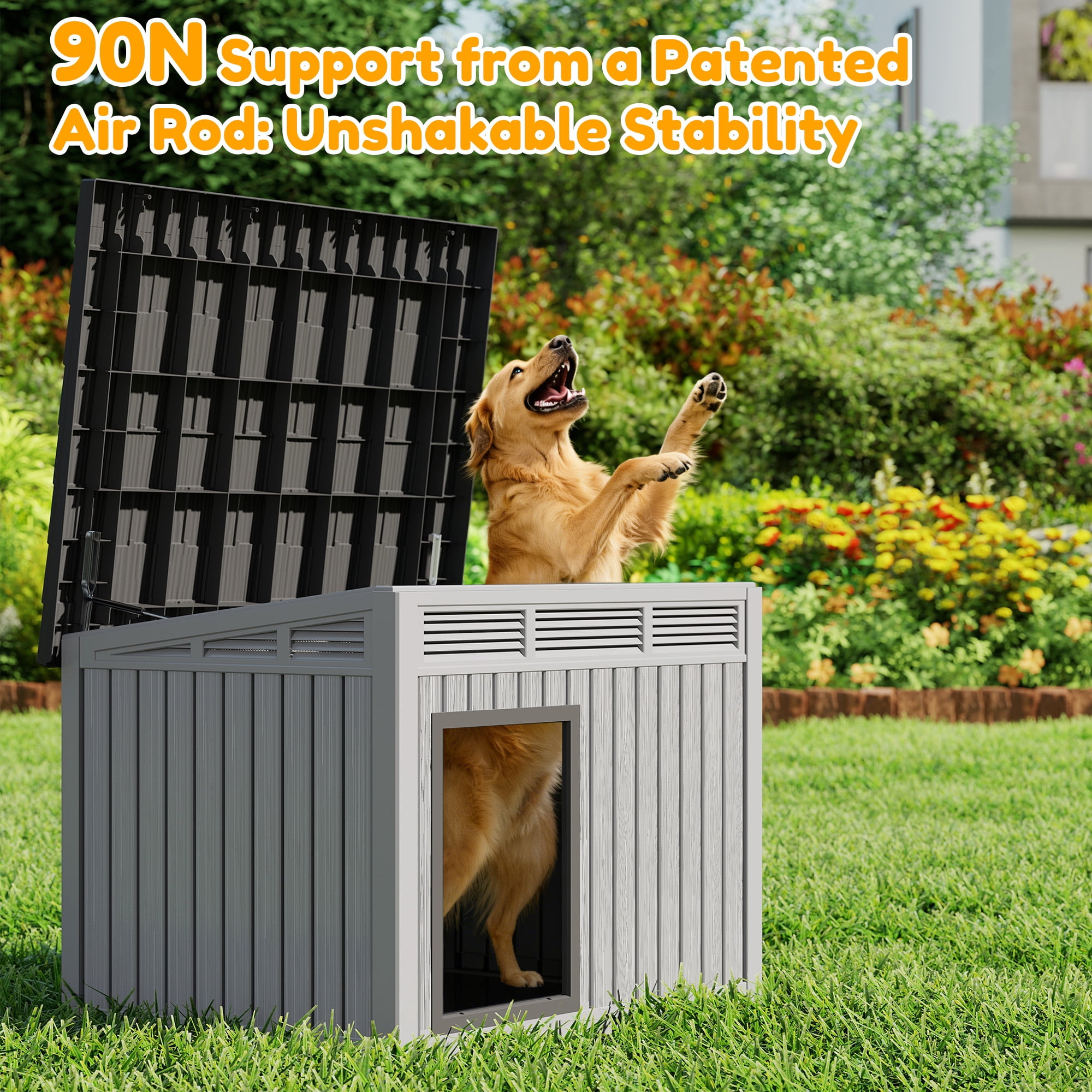 Nihsuao Waterproof Dog House for Medium to Large Dogs, Indoor Outdoor PP Kennel with Ventilated Design & Removable Roof, Easy to Clean, Gray, 42.2"L x 30"W x 31"H