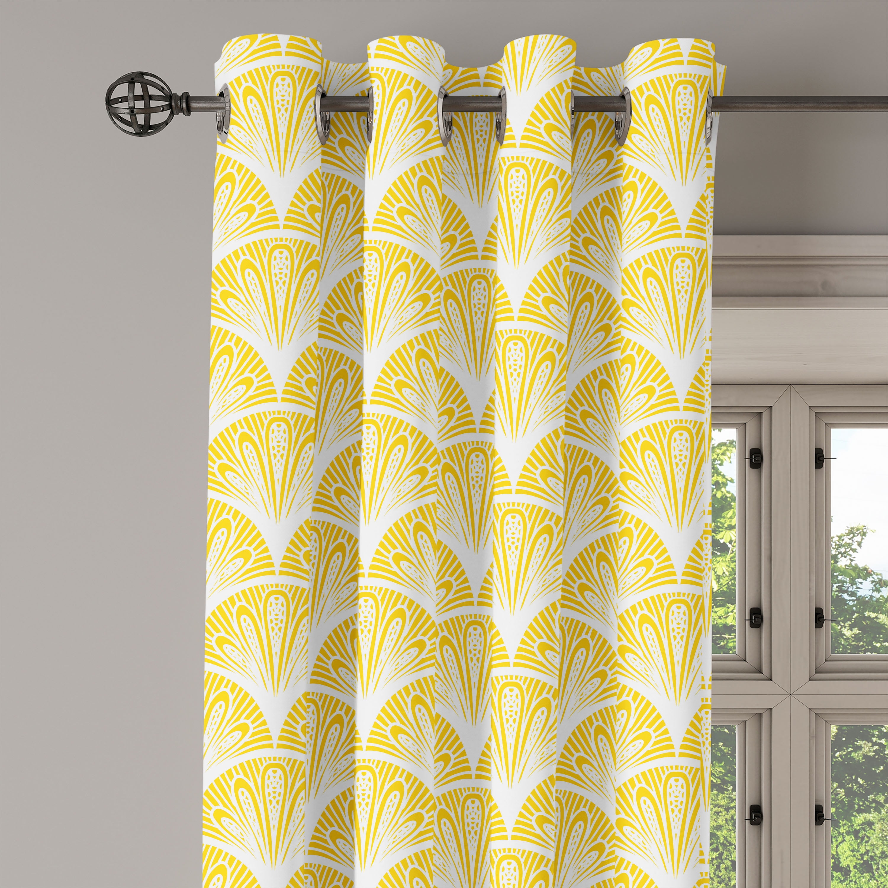 Yellow and White Grommet Curtain, Rounded Floral Motifs Overlapping ...