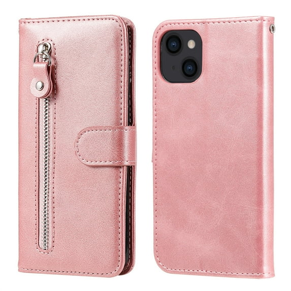 ELEHOLD Wallet Case for iPhone 14 6.1", Zipper Pocket Card Slots Kickstand Magnetic Clasp Full Body Shockproof Purse Case for iPhone 14,Rosegold