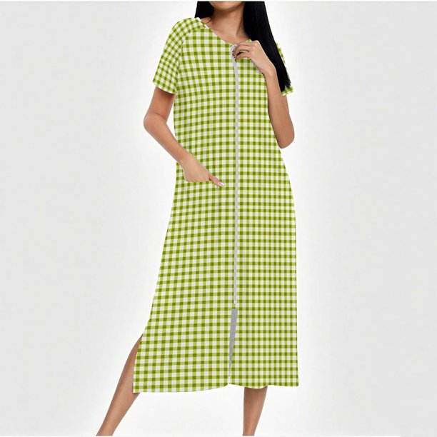 Camisón largo con cremallera para mujer, bata de punto, largo completo, color degradado, con bolsillos
