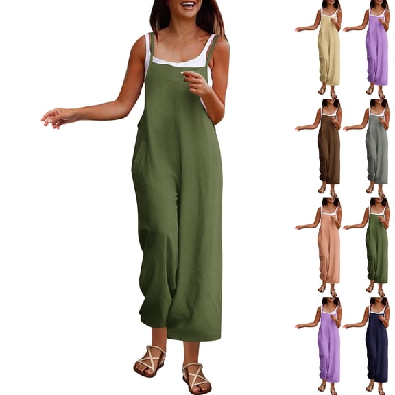 Women's Plus Size Cotton Linen Jumpsuit Sleeveless High-Waisted Wide-Leg Romper with Pockets
