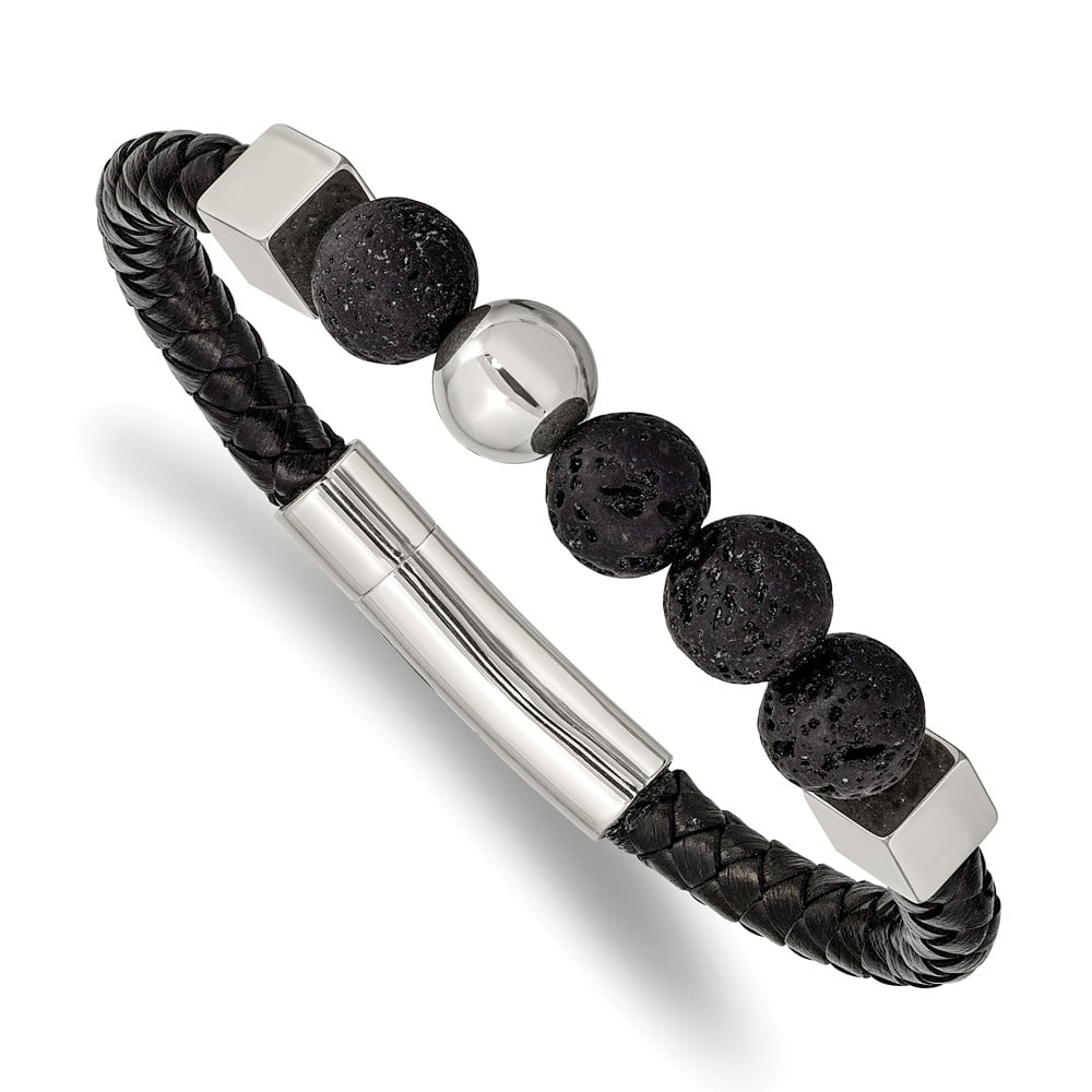 Solid Stainless Steel Men's Lava Stone Black Leather 8in Bracelet 8 ...