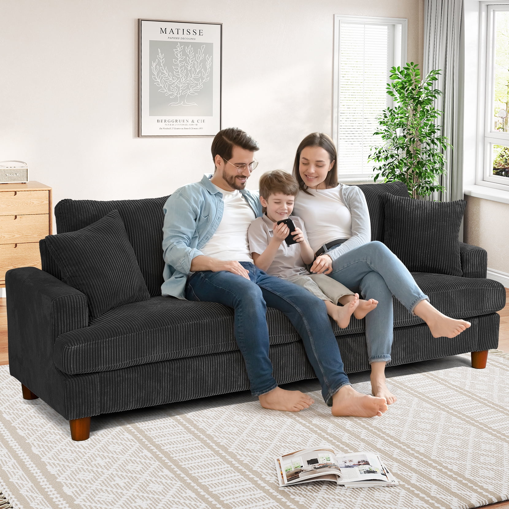 87" Corduroy Sofa,3 Seater Sofa with Extra Deep Seats,Neche Comfy Upholstered Couch for Living Room,2 Pillows,Black