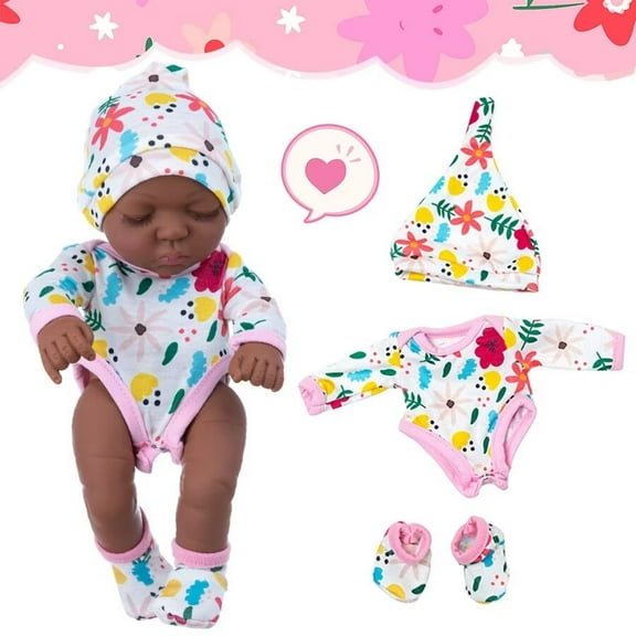 AmaMary 10 inch Reborn Black Doll Soft Washable Silicone Doll with Floral Bodysuit Gift for Kids