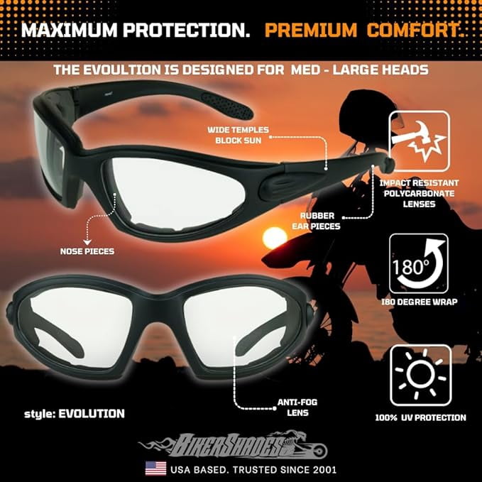 Bikershades Motorcycle Safety Sunglass Foam Padded Men Women Wide Coverage Wind-Proof