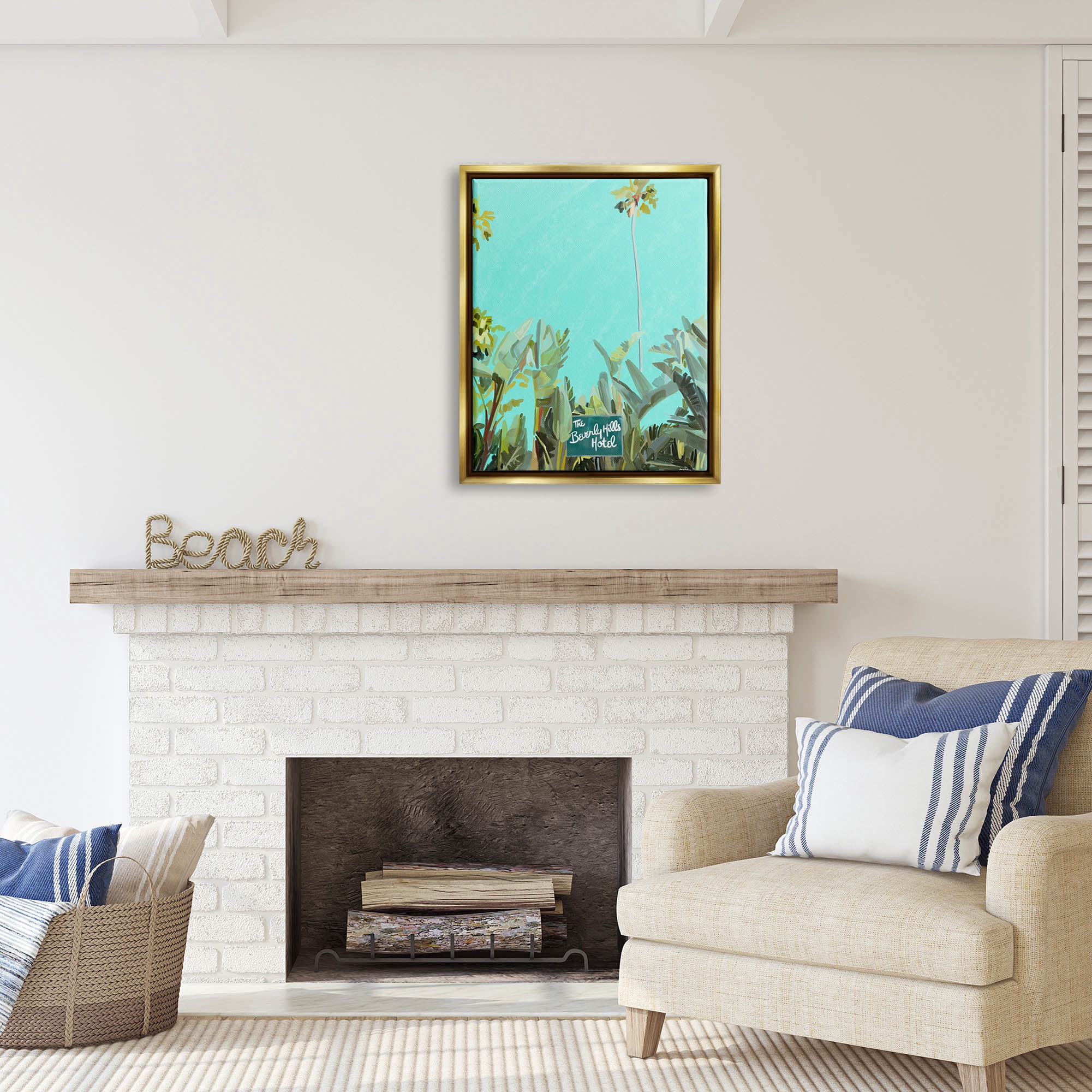 Stupell Industries Beverly Hills Hotel Tropical Palms Coastal Painting Gold Floater Framed Art Print Wall Art