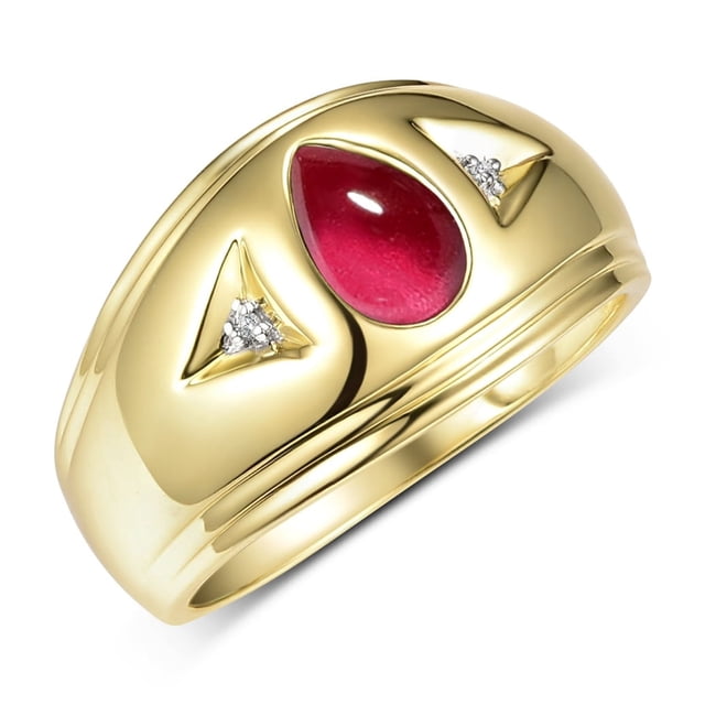 RYLOS Men's Rings Yellow Gold Plated Silver Pear Tear Drop Cabochon Gemstone & Diamond Ring Cabochon Ruby Size 10