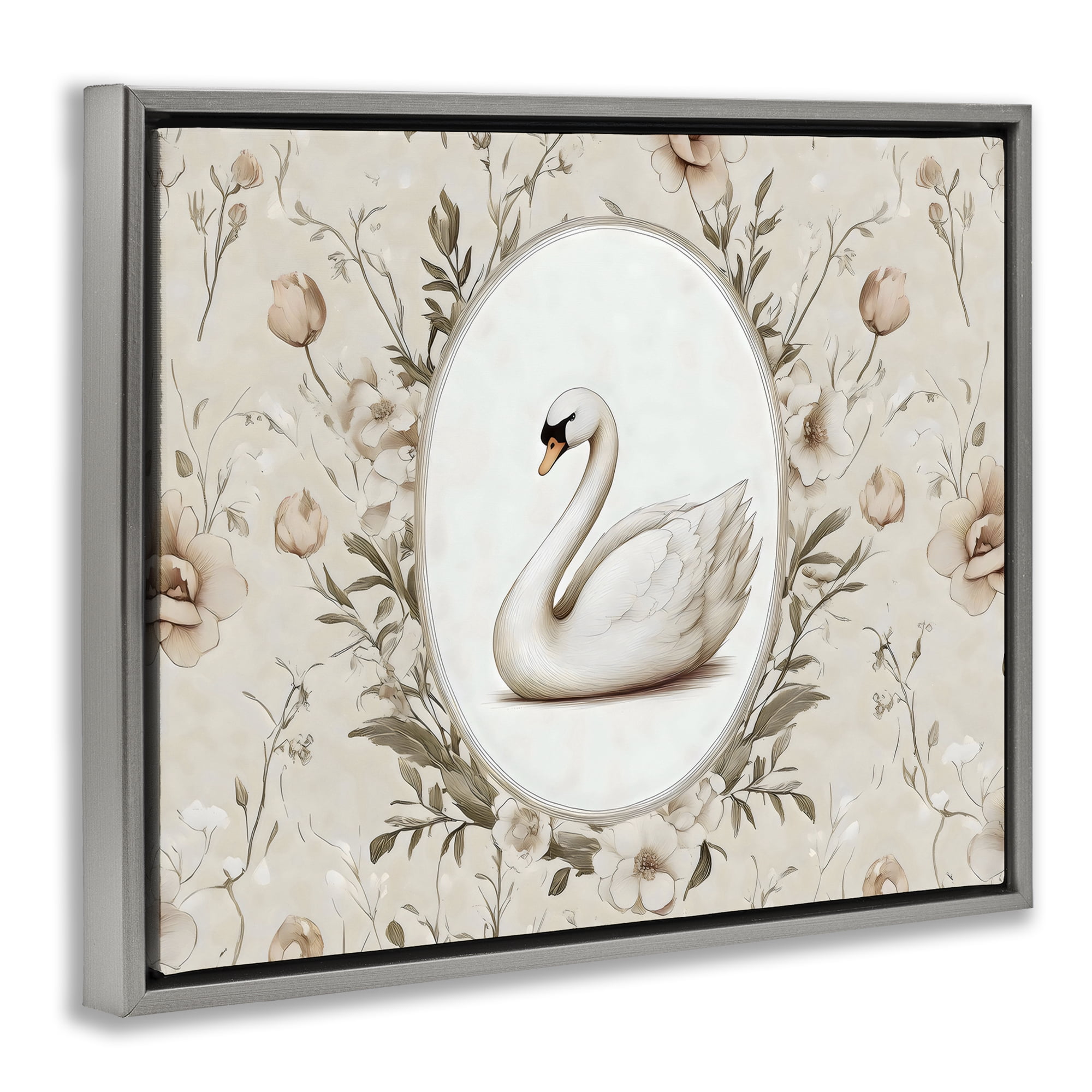 Stupell Industries Swan Vignette in Floral Border Gray Framed Floater Canvas Wall Art, design by Arlington Prints