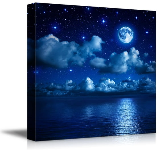 wall26 - Canvas Prints Wall Art - Full Moon Shining Over Water | Modern Wall Decor/Home Decoration Stretched Gallery Canvas Wrap Giclee Print. Ready to Hang - 12" x 12"