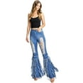 thumbnail image 4 of JC & JQ JEANS Women's High Rise Heavy Distressed Festival Fringe Denim Flares (Medium Denim, XL), 4 of 5