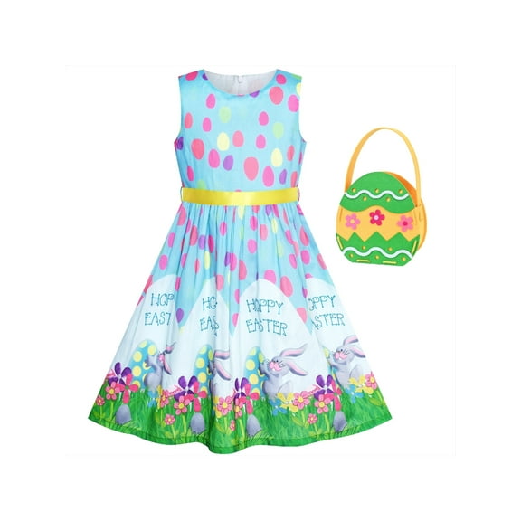 Girls Dress 2 Piece Bag Easter Bunny Egg Hunting Blue Casual Party 2-3 Years