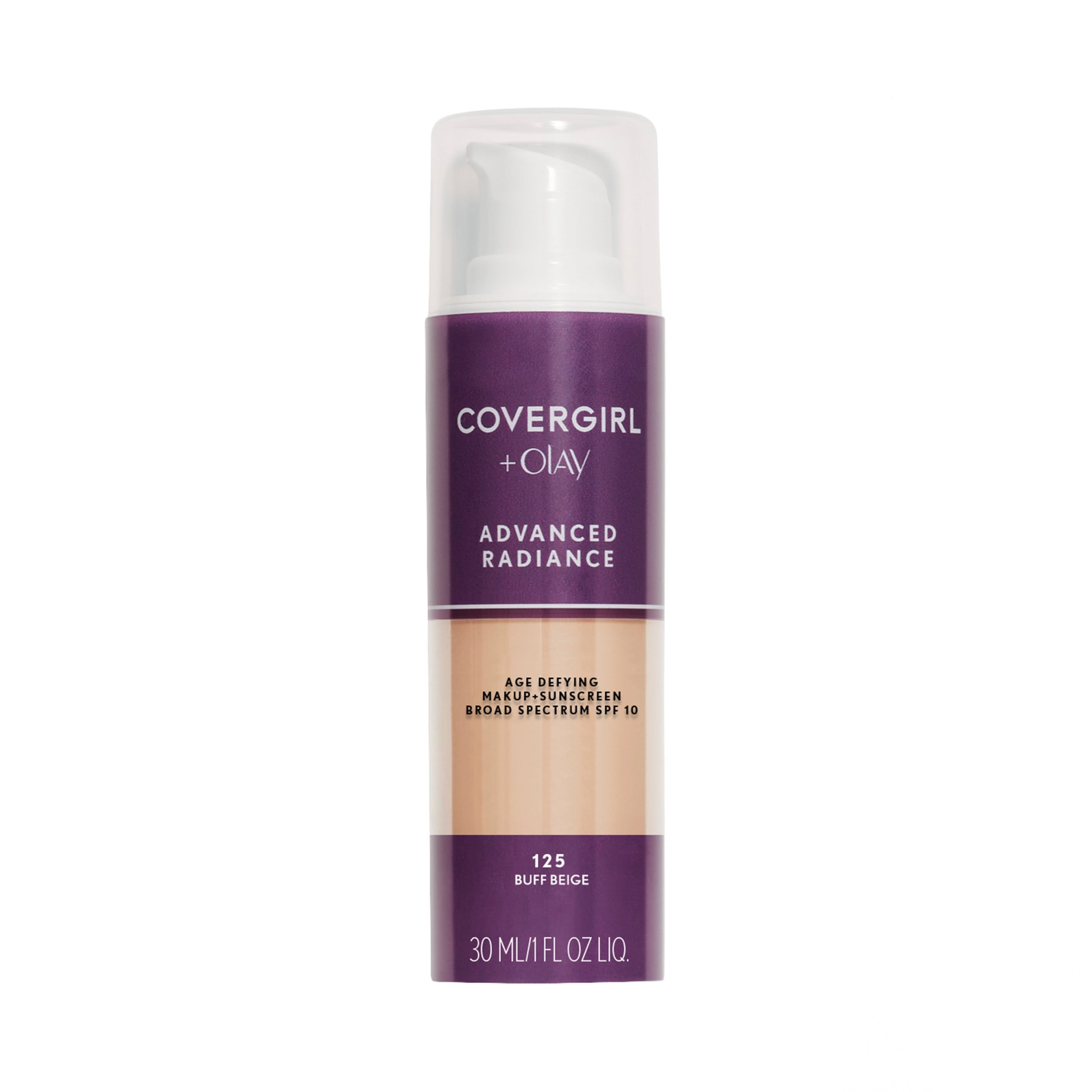 COVERGIRL Advanced Radiance Age-Defying Liquid Foundation, 125 Buff Beige, 1 fl oz, Anti-Aging Foundation, Foundation for Wrinkles, Cruelty-Free Foundation, Age-Defying Formula, Buildable Coverage