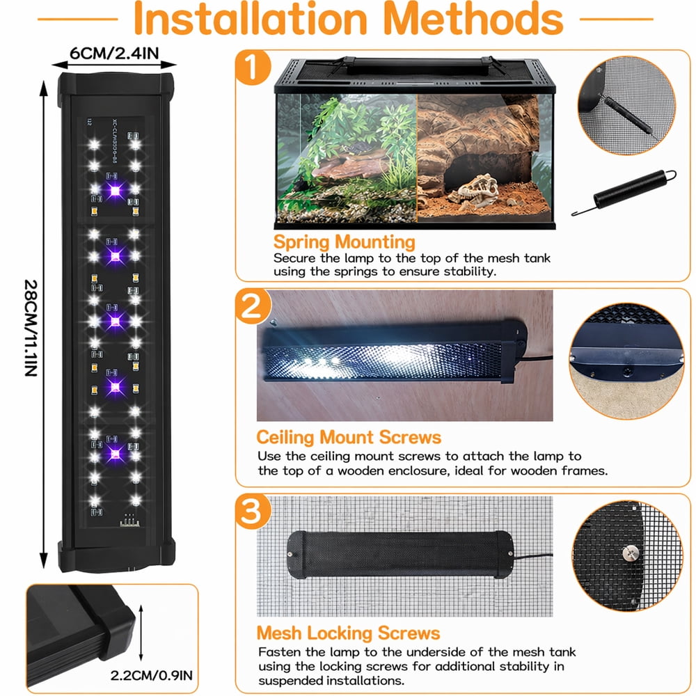 WISHRUN 11-Inch UVB LED Reptile Light, 15W Dimmable Fixture with Timer, Adjustable UVB Light for Bearded Dragons, Turtles