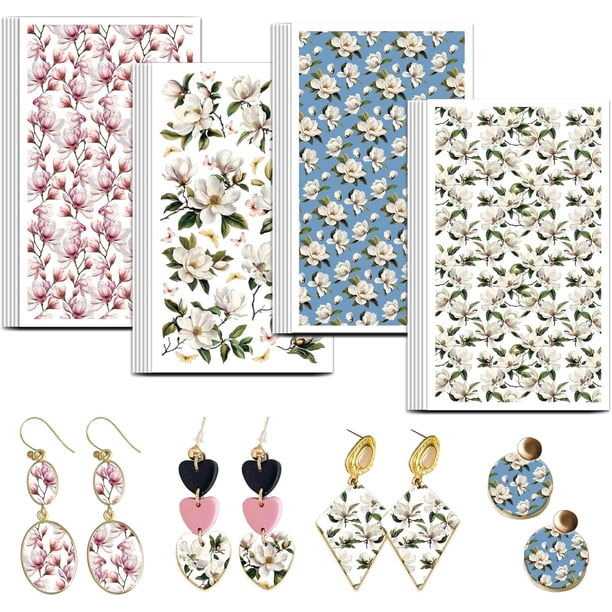 Papel de transferencia de arcilla con diseño de magnolia - 24 piezas - Tema floral - Hojas de transferencia de arcilla polimérica - Kit para hacer joyas