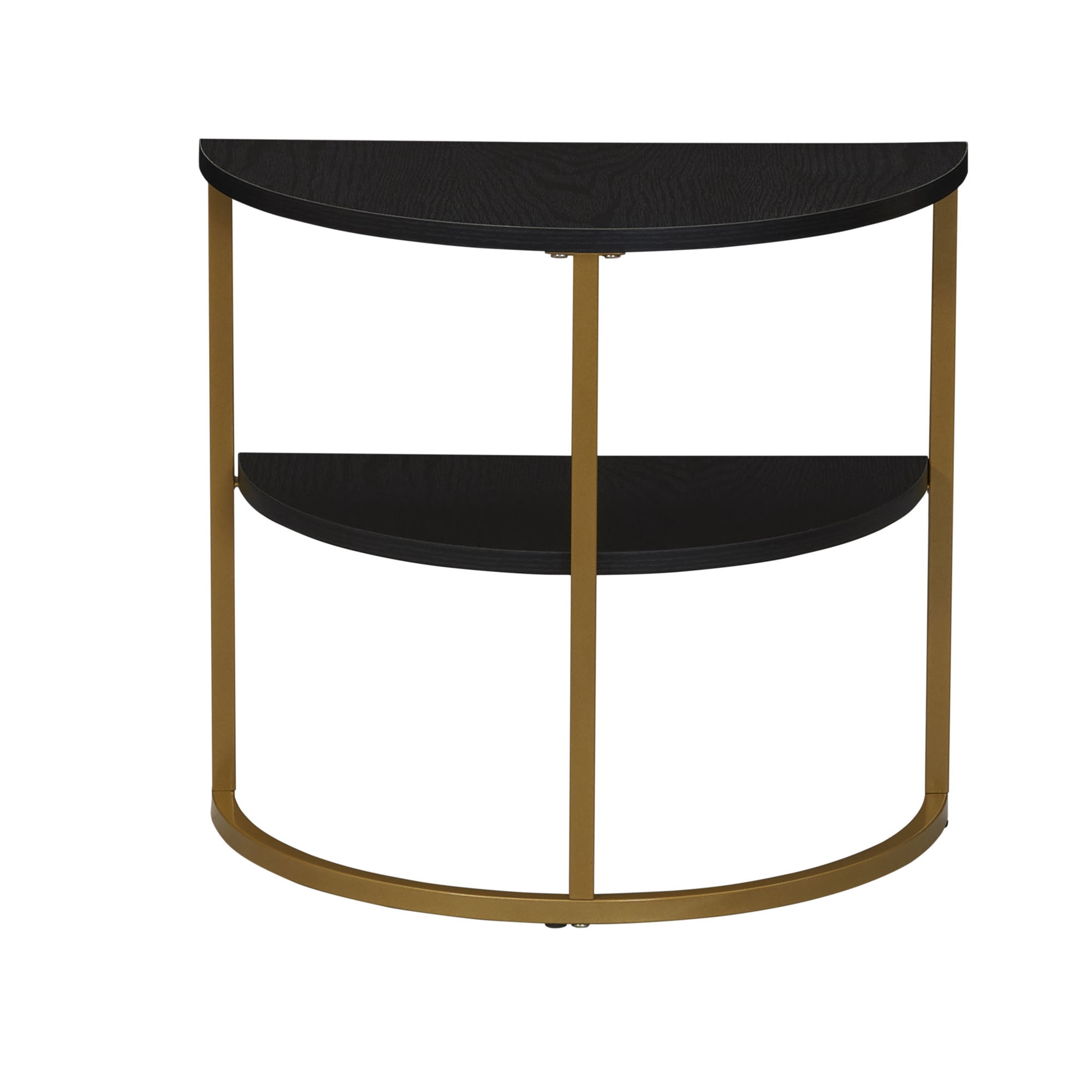 Household Essentials Half Moon Side End Table with Storage Shelf Black Oak Wood Grain and Gold Metal