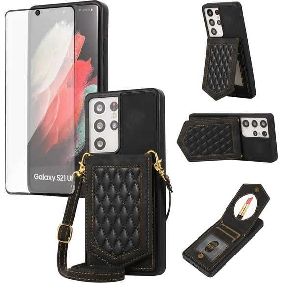 Phone Case for Samsung Galaxy S21 Ultra 5G Wallet Cover with Tempered Glass Screen Protector Mirror Credit Card Holder Slot Shoulder Crossbody Strap Cell S21ultra 21S S 21 21ultra G5 Women Girls Black