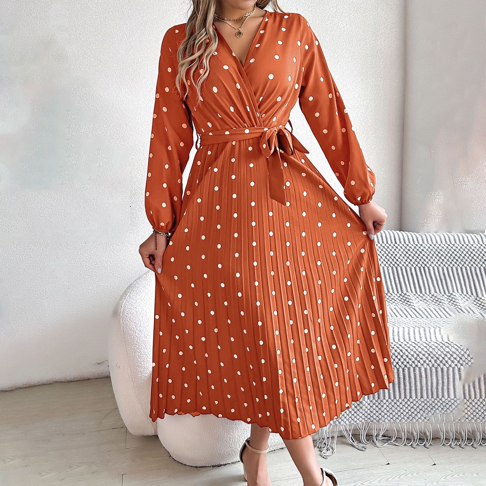Hxshgdsn Womens Fall Long Sleeve Casual Dresses Wrap V Neck