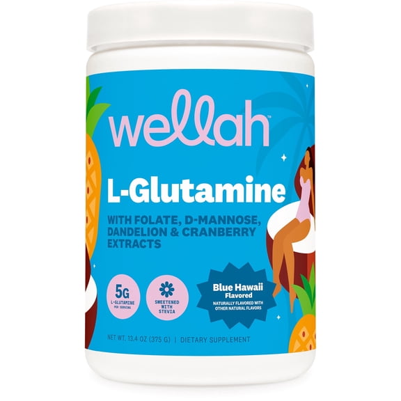 Wellah L-Glutamine Blue Hawaii Powder (50 Servings) - 5g L-Glutamine per Serving, Sweetened with Stevia