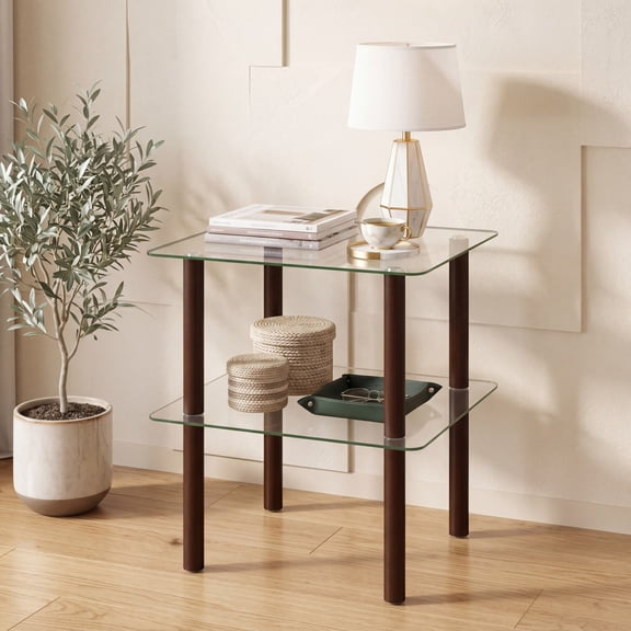 Giantex Square End Table, Small Sofa Side Table w/Clear Tempered Glass Top, Brown