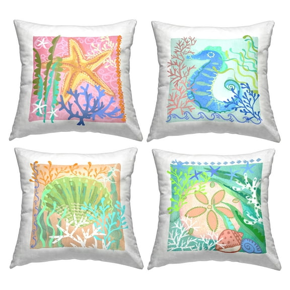 Stupell Industries Varied Sea Life & Coral Square Decorative Printed Throw Pillow, 18 x 18, Set of 4