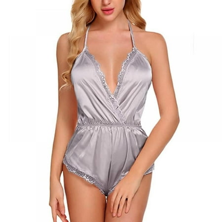 Baywell Women Satin Lingerie Bodysuit Teddy One Piece Lace Babydoll Short Pajamas Gray S-2XL