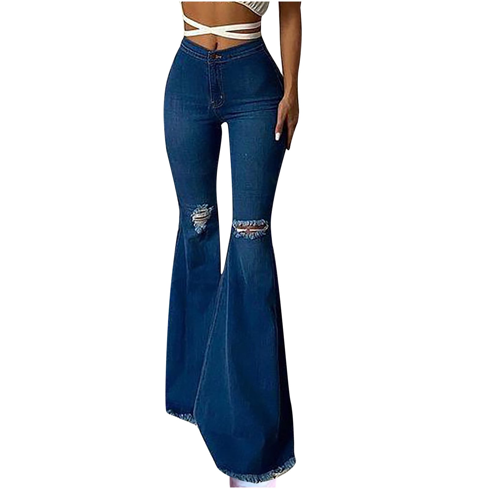 Blue Jeans Casual Bell Bottom Jeans Ripped Low Rise Baggy