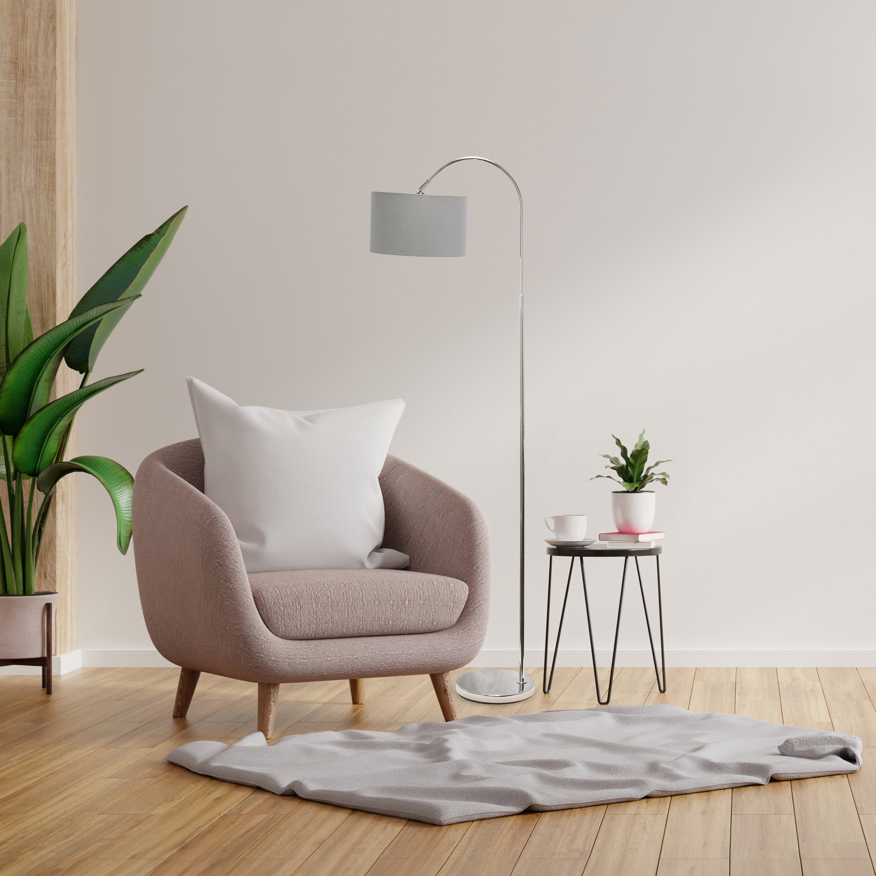 Creekwood Home 66" Modern Arched Brushed Nickel Floor Lamp, Gray Shade