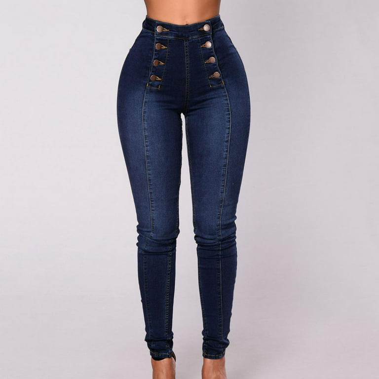 DISHAN High Waist Buttons Decoration Shaping Women Push Up Fashion Skinny Double-breasted Pencil Jeans Streetwear Walmart.com