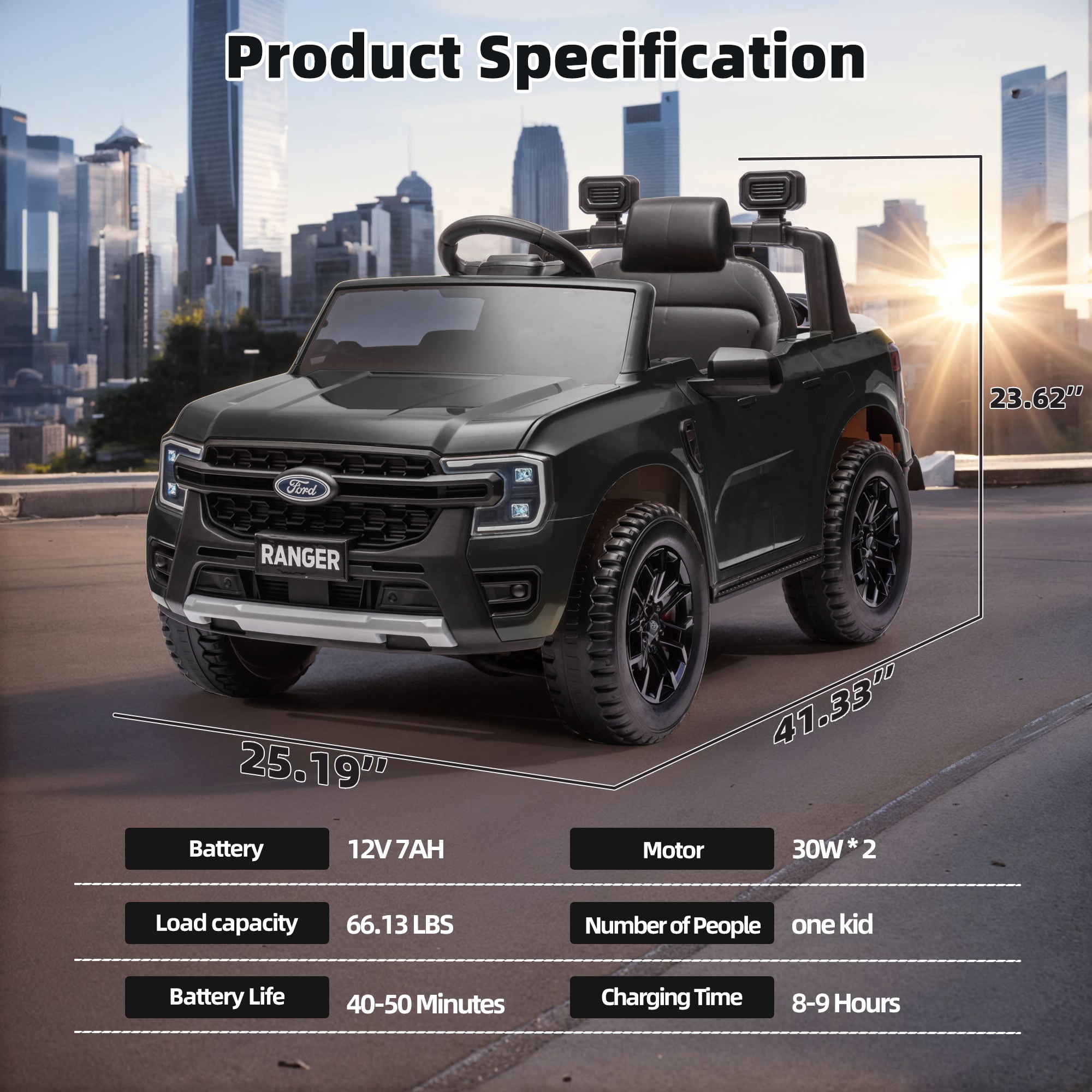 12V Powered Ride on Truck, Ford Ranger Ride on Toy Cars with Remote Control, Rear Wheels Suspension, Safety Belt, MP3 Player, Electric Ride on Cars for Kids Boys Girls 3-6 Ages, Black