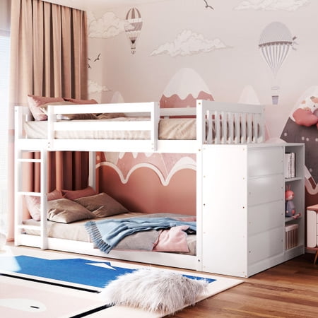 Twin over Twin Bunk Bed Solid Wood Bunk Bed Frame with 4 Drawers and 3 Shelves Multifunctional Bunk Bed with Ladder and Full Length Guardrail for Girls Boys Adults White