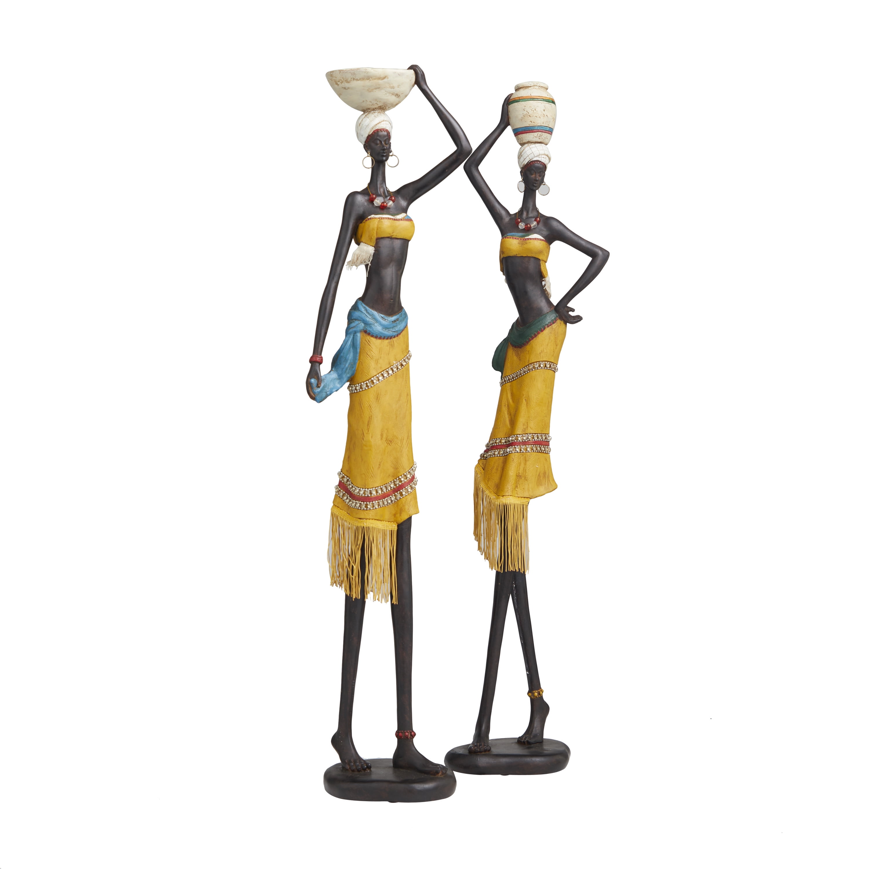 32", 33"H Yellow Polystone Handmade African Woman People Sculpture with Water Jugs and Jeweled Details, by DecMode (2 Count)