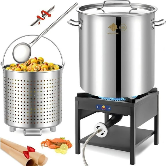 64QT Stainless Steel Seafood Boiling Turkey Fryer Kit with Strainer and Propane Stove with 200,000BTU and 36" Large Spoon (Stockpot Stove Large Spoon)
