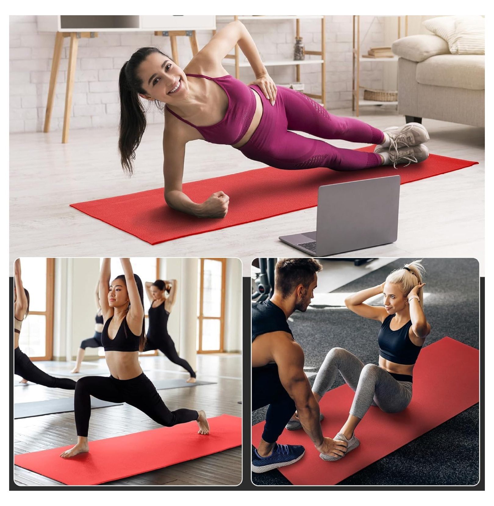 Signature Fitness All Purpose 0.25 Inch Thick High Density No Tear Exercise Yoga Mat with Strap & Lightweight Features for Indoor & Outdoor Use, Red