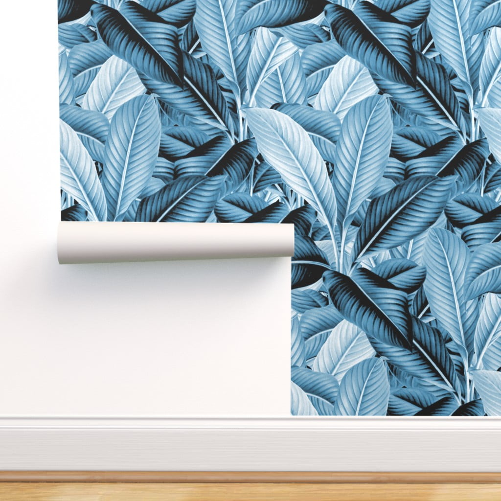 Removable Water-Activated Wallpaper Palm Fronds White On Navy Blue Tropical 